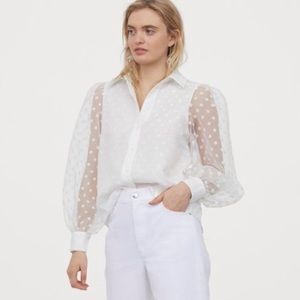 H&M white organza polka dots blouse button down with shear sleeves